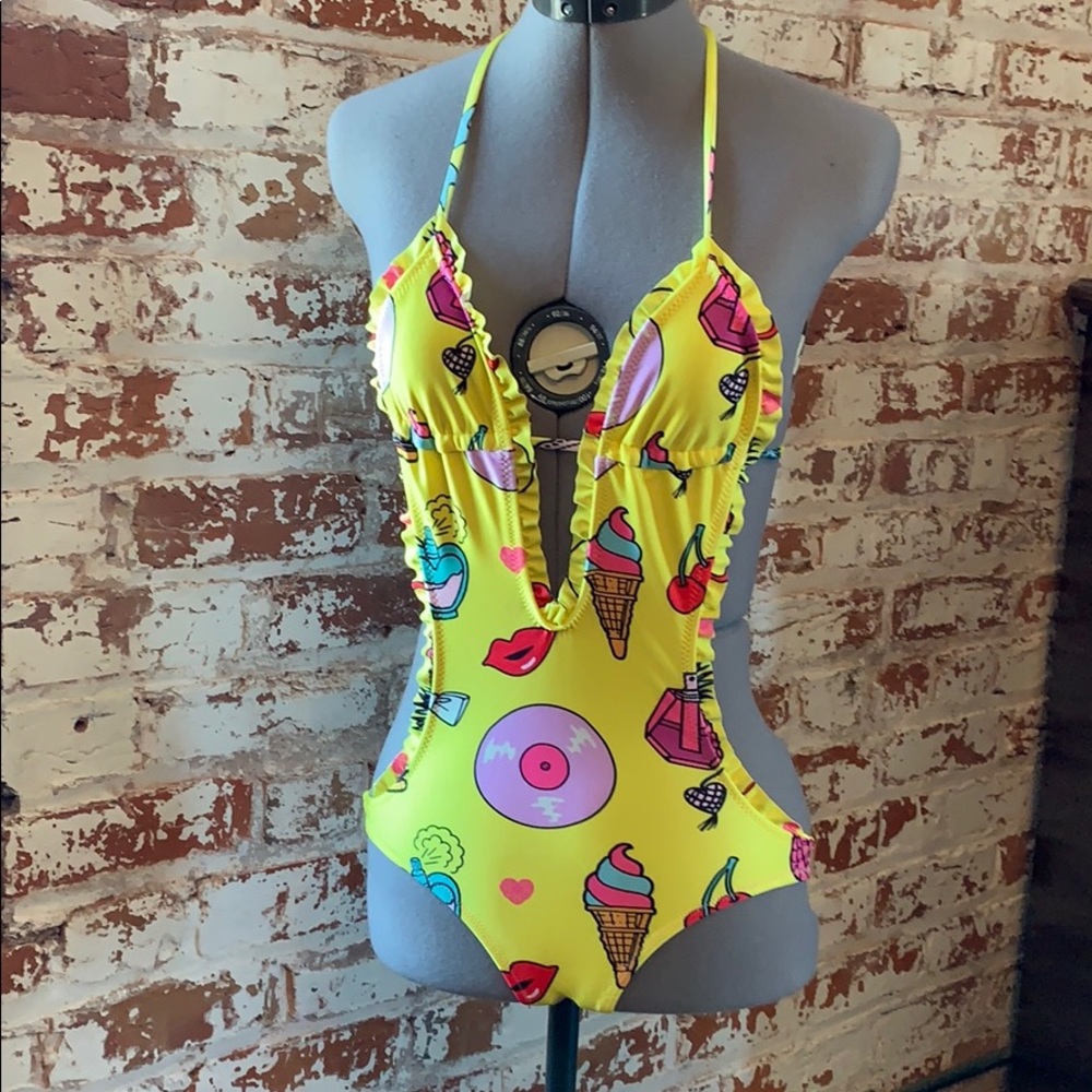 Wildfox Emoji Print Ruffled Monokini